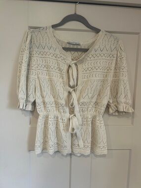 Lace Tie-Front Peplum Blouse in Cream